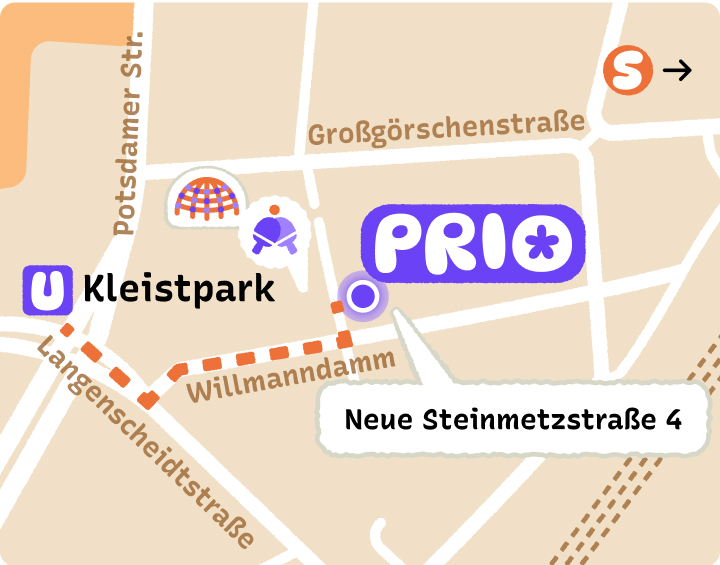 Die Karte zeigt die Lage von PRIO in der Neuen Steinmetzstraße 4, in der Nähe der U-Bahn Kleistpark in Berlin. Von der Ubahn Station Kleispark muss man der Langenscheidtstraße folgen und dann in die Willmanndamm links einbiegen. Daraufhin wieder links in die Neue Steinmetzstraße. PRIO ist in der Neuen Steinmetzstraße, Hausnummer 4.