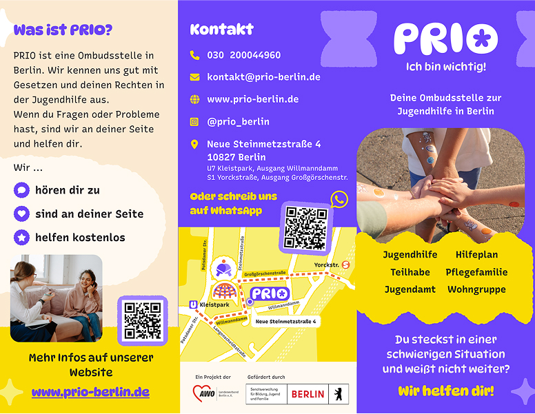 Trifold-Broschüre für PRIO, eine Ombudsstelle, die kostenlose vertrauliche Jugendberatung Berlin anbietet, mit Kontaktinformationen, angebotenen Dienstleistungen, QR-Code und bunten Grafiken. Der Text ist auf Deutsch.