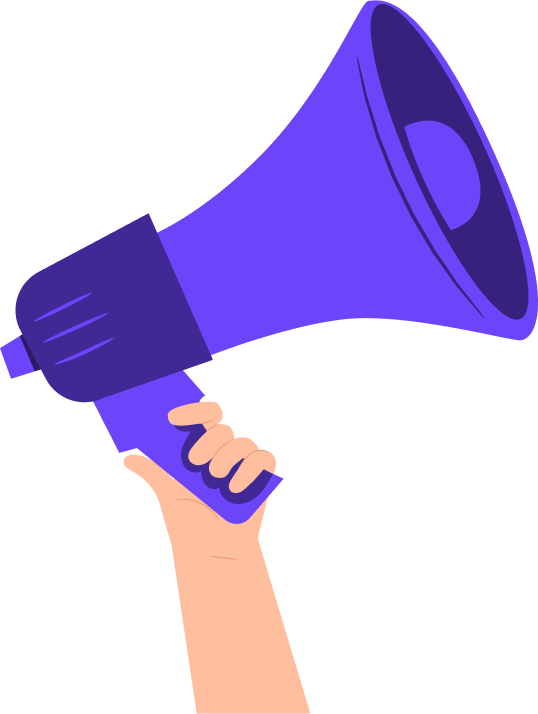 Illustration einer Hand, die ein großes lila Megaphon vor einem hellen Hintergrund hält.
