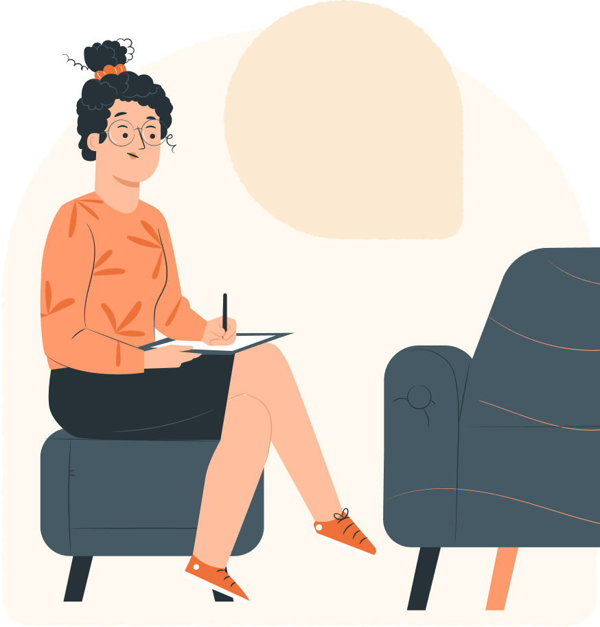 Illustration einer Frau mit Brille, die auf einem Stuhl sitzt und auf einem Klemmbrett schreibt, mit Blick auf einen leeren Stuhl in einem hellen Raum.